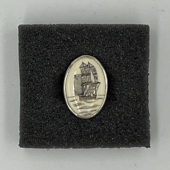 Faux Scrimshaw Silver Women's Ring with Whaling Boat Image - Size 8.5 - Picture 2 of 12